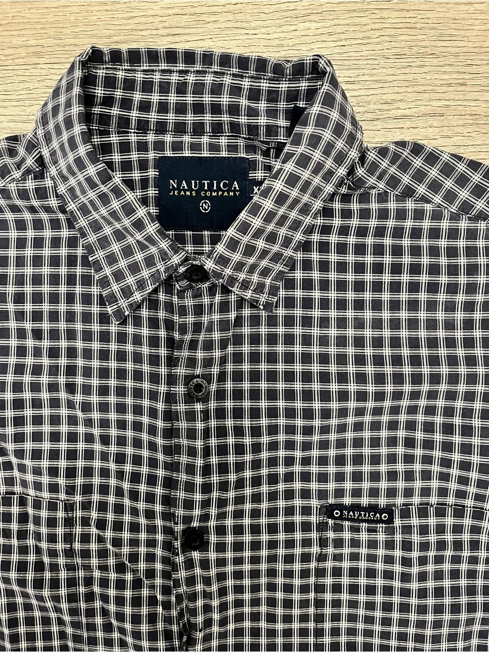 Nautica Men's Gingham Black & White Grid Plaid Button-Down Shirt XL